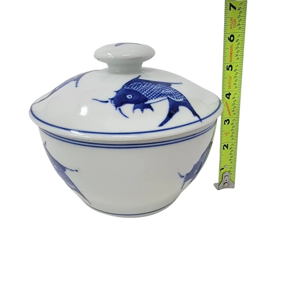 Vintage Chinese Blue & White Koi Fish Carp Soup Tureen Lid Serving Dish 6